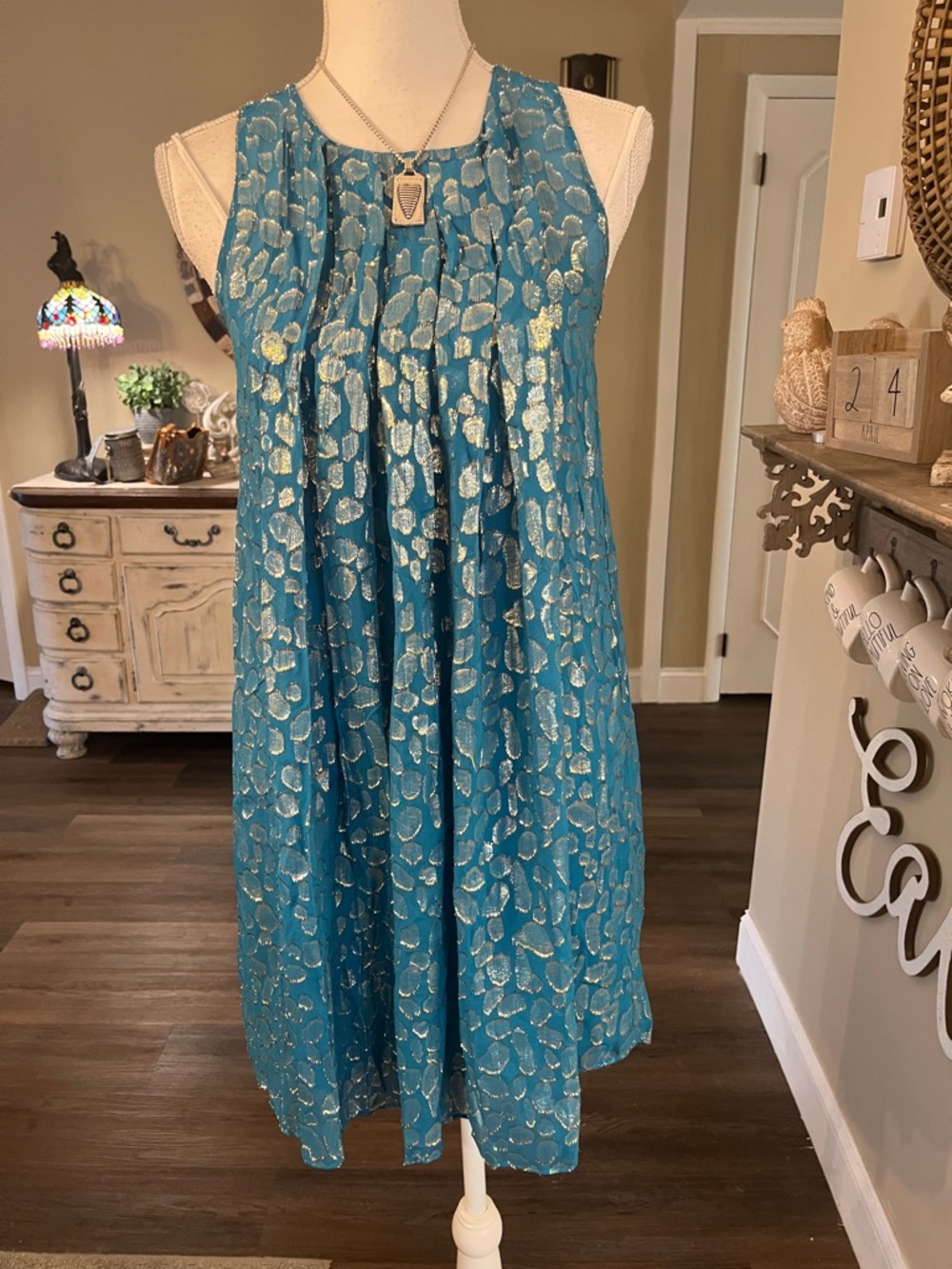 Anthropologie Teal Blue Metallic Print Sleeveless Mini Dress